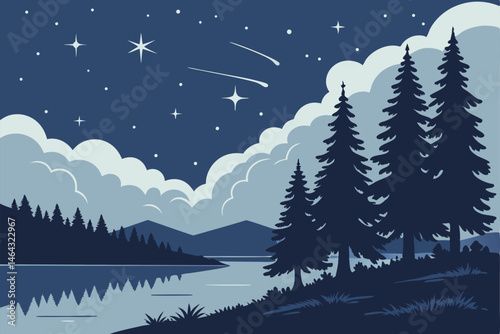 52 Night sky, starry constellation, twinkling stars, calm lake reflection, silhouetted pine forest, moonlit clouds, ethereal atmosphere, serene landscape, deep blue hues, starlight shimmer, tranquil w