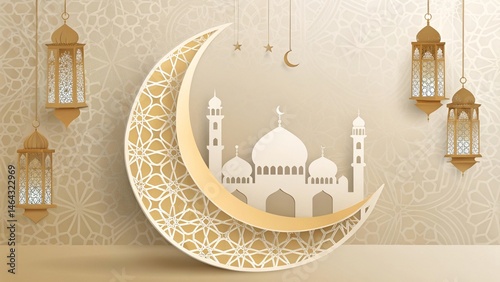 Golden Crescent Moon with White Mosque and Hanging Lanterns on Cream Background eid poster background