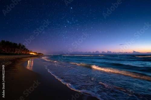 Starry Night Beach Scene with Gentle Waves and Tropical Palm Trees
