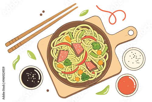 53 Asian cuisine, noodle dish, spaghetti with vegetables, broccoli, carrots, celery, raw beef slices, soy sauce, sesame oil, wooden cutting board, chopsticks, small bowls of condiments, photorealistic
