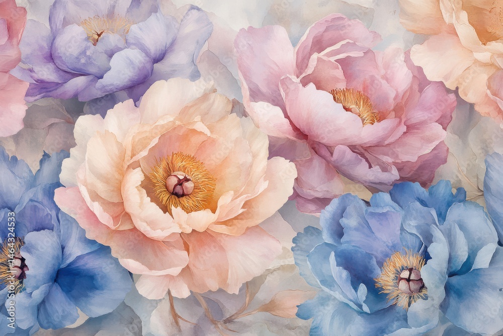 Obraz premium Floral watercolor painting of peonies in pastel colors for backgrounds and wallpapers.