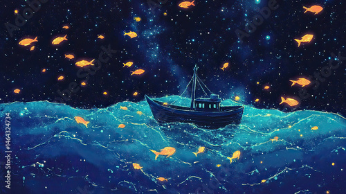 Boat sails on water under starry sky. Gold fish swim AI generative