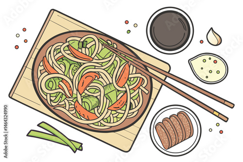 53 Asian cuisine, noodle dish, spaghetti with vegetables, broccoli, carrots, celery, raw beef slices, soy sauce, sesame oil, wooden cutting board, chopsticks, small bowls of condiments, photorealistic