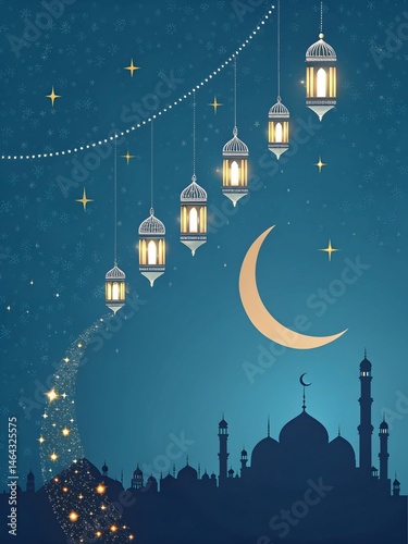 Hanging Lanterns and Crescent Over Blue Mosque on Starry Night eid poster background