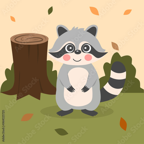 Cute cartoon raccoon standing in a forest with falling autumn leaves, smiling with big eyes and rosy cheeks, perfect for kids and nature-themed designs.