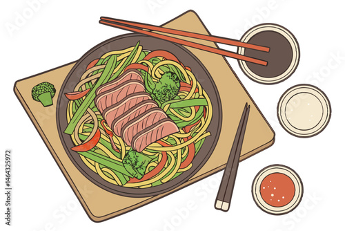 54 Photorealistic raw beef steak slices, oval ceramic platter, rosemary sprigs, garlic bulb, small bowl of sauce, peppercorns, sea salt flakes, mouthwatering juicy texture, soft lighting, studio photo