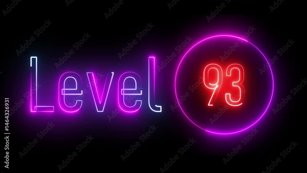 Colorful neon 'level 93' sign with a glowing circular outline. Vibrant animated design for gaming levels, dynamic transitions, and modern digital effects. Colorful neon 'level 93' sign with a glowing circular outline. Vibrant animated design for gaming levels, dynamic transitions, and modern digital effects.