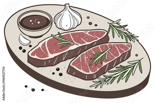 54 Photorealistic raw beef steak slices, oval ceramic platter, rosemary sprigs, garlic bulb, small bowl of sauce, peppercorns, sea salt flakes, mouthwatering juicy texture, soft lighting, studio photo