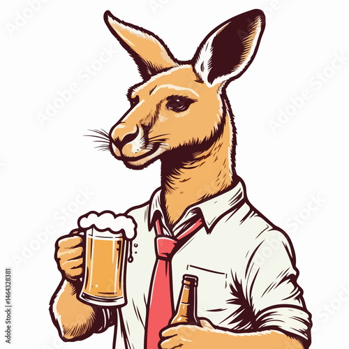 Kangaroo Cheers: A charismatic kangaroo in a business attire holds a frothy beer and a bottle, exuding confidence and an invitation to unwind. capturing a moment of carefree enjoyment.