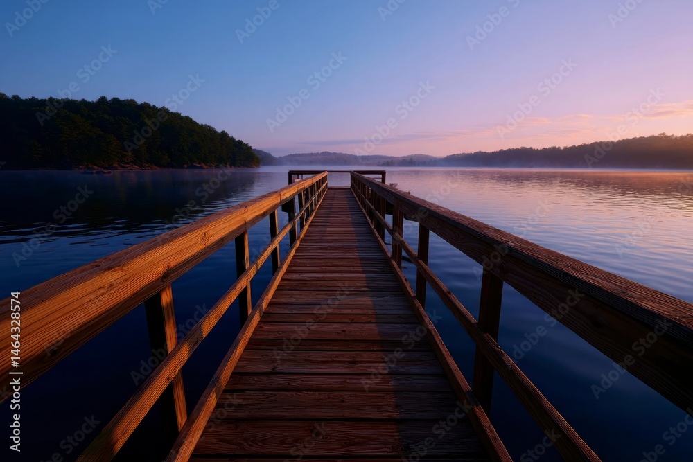 Naklejka premium Wooden Pier Leading to Calm Lake at Sunrise with Misty Water