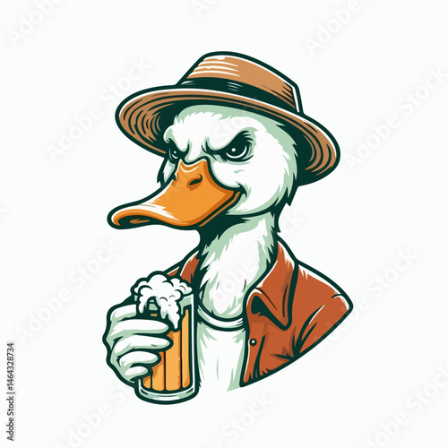 Cool Duck with Beer: A stylish illustration of an anthropomorphic duck wearing a fedora and enjoying a frosty beer. The image is in a vintage style with bold colors and crisp lines. 
