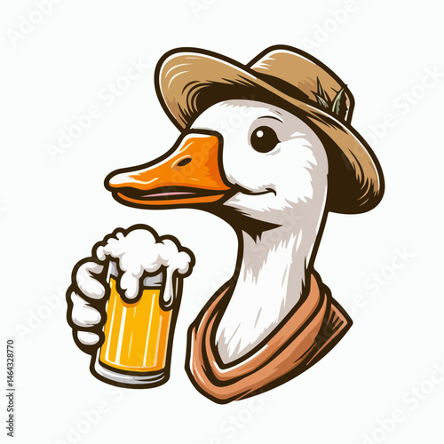 Duck enjoying beer in a hat: A cheerful illustration of a duck, donning a hat and holding a frothy glass of beer, exuding a playful and relaxed atmosphere.