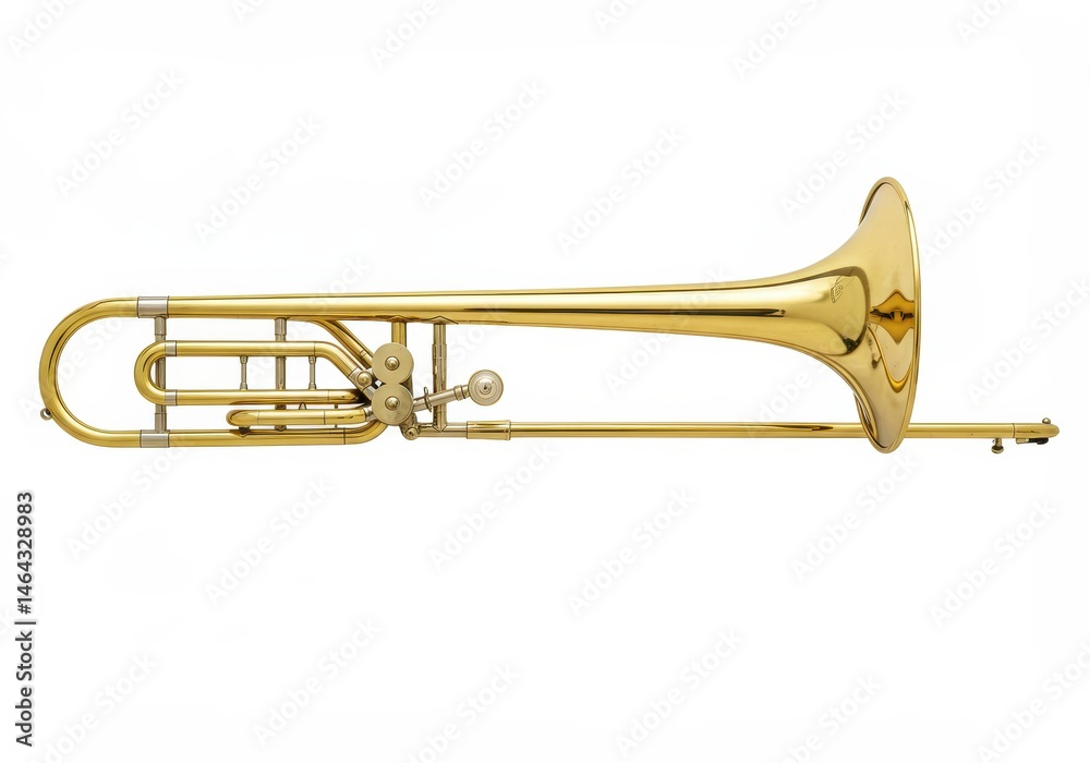 Fototapeta premium Brass trombone on white background, musical instrument for orchestra