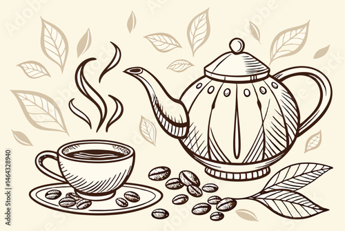 55 Vintage tea illustration, hand-drawn teapot and cup, sepia tones, coffee beans, steam wisps, green tea leaves, textured paper background, ink sketch style, warm muted colors, detailed linework, nos
