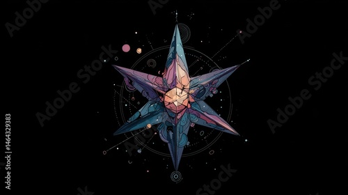 Abstract geometric star design on dark background.
