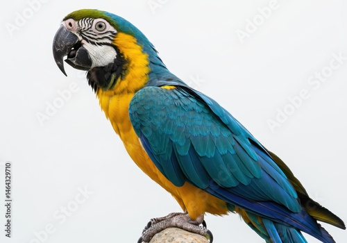Vibrant blue and gold macaw perched on a branch against a white background