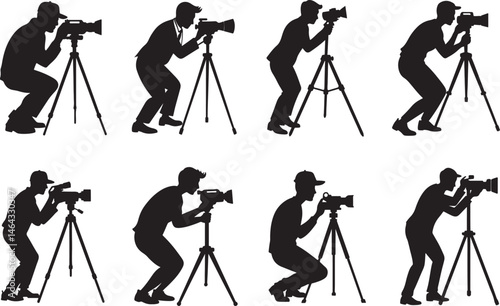 set of man taking photo using tripod silhouette, black and white silhouette, vector and illustration