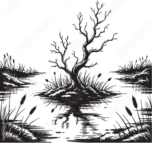 Peat Bog with Twisted Shrubs and Eerie Fog – Black and White Line Art Illustration