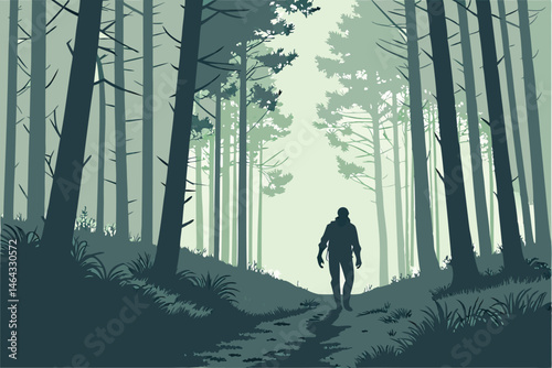 56 Zombie in misty forest, decaying humanoid figure, eerie atmosphere, tall pine trees, foggy woodland path, dim sunlight filtering through branches, dark silhouettes, atmospheric horror, cinematic li