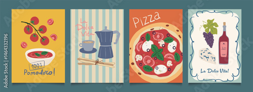 Italian food posters design. Trendy hand drawn art.  Mediterranean eat. Retro vector illustration of pasta, pizza, coffee, olive, wine, tomato,grapes,cheese etc. Graphic  for  interior,menu.