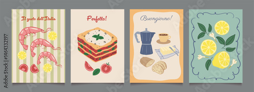 Italian food posters design. Trendy hand drawn art.  Mediterranean eat. Retro vector illustration of shrimp, lasagne, ciabatta, espresso, lemon etc. Graphic  for  interior, cafe, menu.