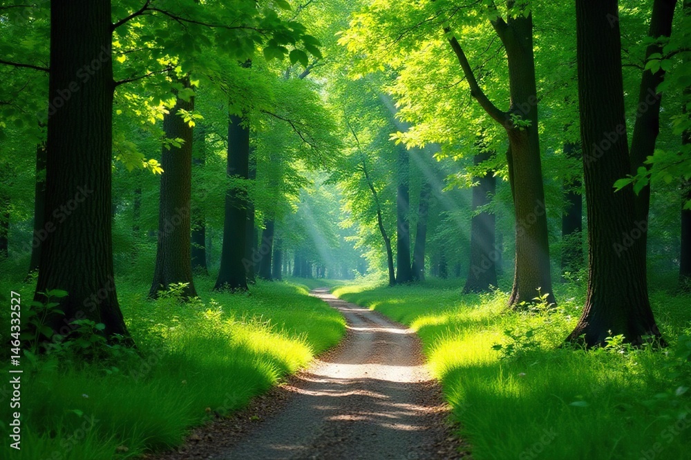 Fototapeta premium Footpath through lush green forest, dappled sunlight, trail, calm, walk