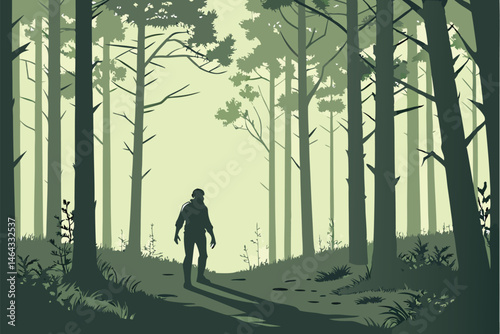 56 Zombie in misty forest, decaying humanoid figure, eerie atmosphere, tall pine trees, foggy woodland path, dim sunlight filtering through branches, dark silhouettes, atmospheric horror, cinematic li