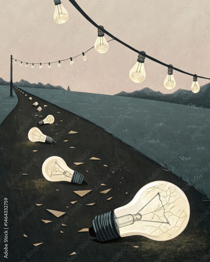 A string of broken light bulbs illuminating a dark path representing the lost light and guidance that emotional abuse can extinguish in ones life.