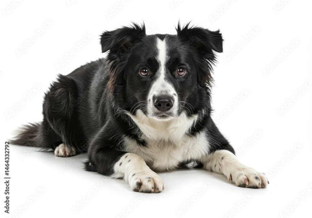 Border collie lying down on a white background looking directly at the camera with a calm and relaxed expression Border collie lying down on a white background looking directly at the camera with a calm and relaxed expression