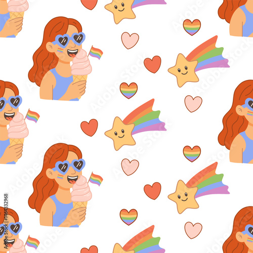 Happy girl with LGBT ice cream and rainbow pride