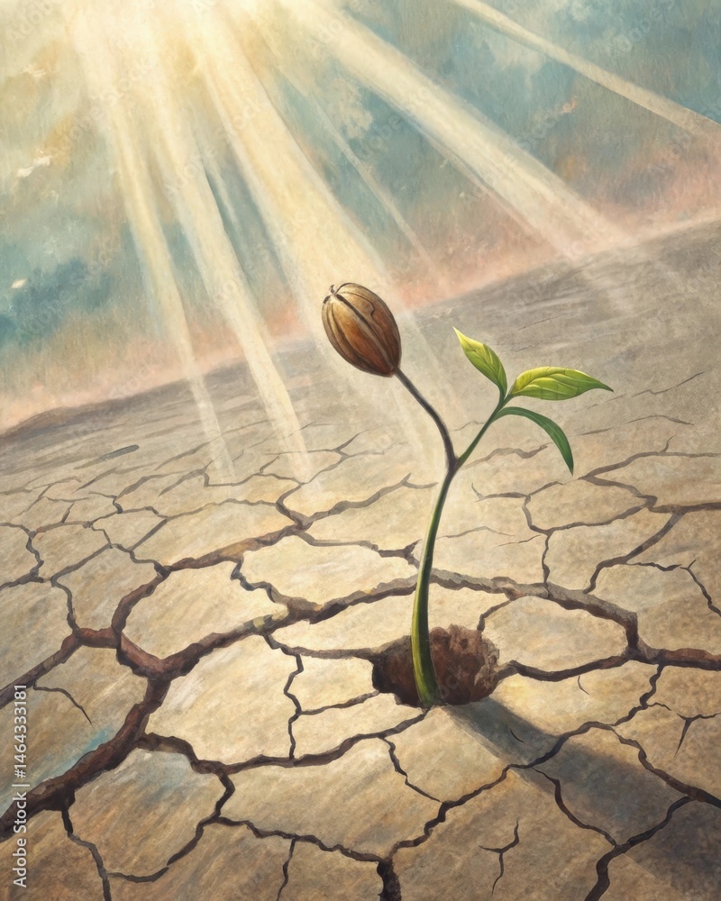 A seed pushing through cracked soil towards sunlight illustrating the determination to grow despite adversity and harsh conditions.