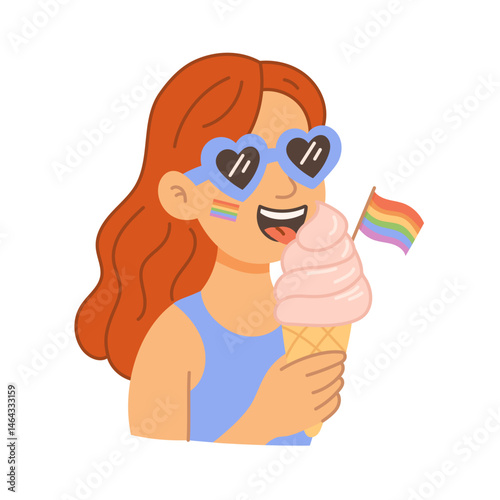 Girl eating ice cream with LGBT pride flag