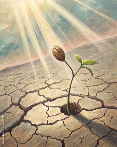 Obraz na płótnie A seed pushing through cracked soil towards sunlight illustrating the determination to grow despite adversity and harsh conditions. w salonie