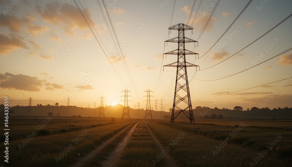 Fototapeta premium Artistic wide shot of electric power lines cutting across the countryside during sunset, soft glow on the cables, tranquil and slightly nostalgic mood