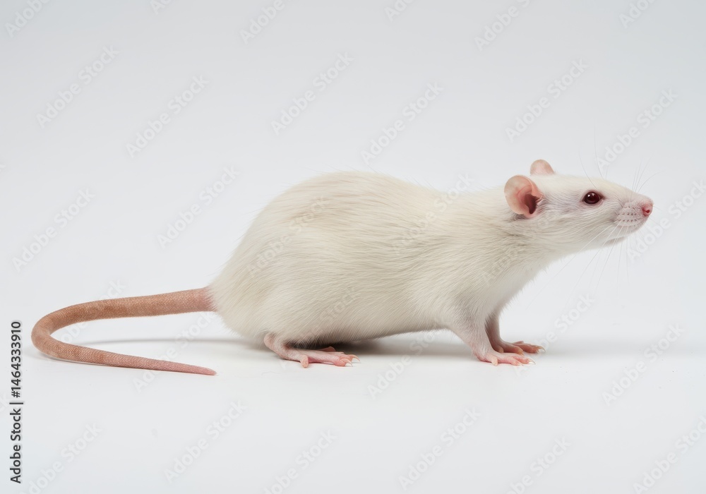A white laboratory rat stands in profile against a plain white background, looking to the right A white laboratory rat stands in profile against a plain white background, looking to the right