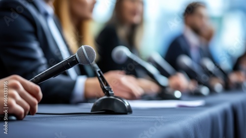 Close-up of a microphone at a press conference with blurred businesspeople in the background