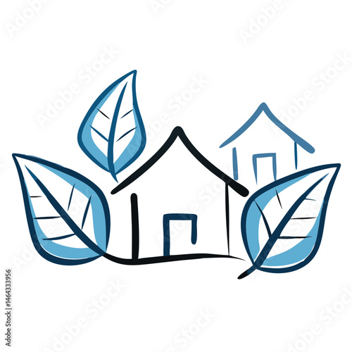Eco village illustration with houses and leaves in a simple and sustainable design representing green living