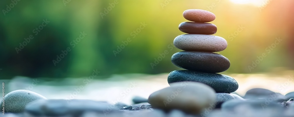 Obraz premium A stack of smooth, round stones of various colors balanced on top of each other amidst a bed of smaller rocks with a blurred green-hued background.