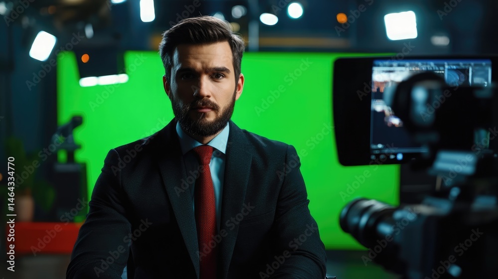 Confident businessman on green screen chroma key background, studio filming, television interview Confident businessman on green screen chroma key background, studio filming, television interview