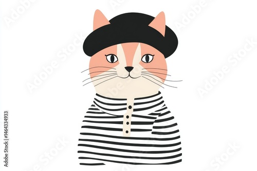 vector illustration of a fashionable cat in a striped shirt and beret, minimalist flat style, white background