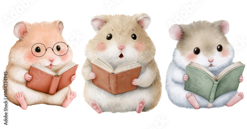 Adorable hamster set wearing glasses and reading books. A collection of 3 cute rodents on a transparent background. Suits for posters, banners, and children's illustrations.