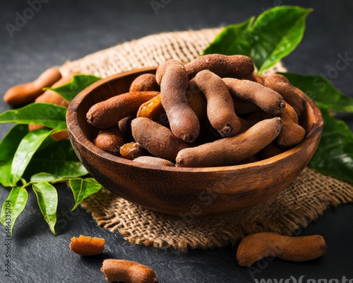 Sweet Dried Tamarind In Wooden Bowl On Dark Background