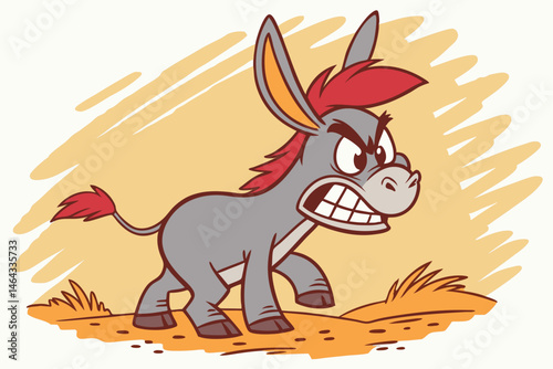 58 Cartoon angry donkey, stylized illustration, big ears, red mane, fierce expression, gritted teeth, gray fur, orange highlights, short tail, compact body, determined stance, textured background, vec