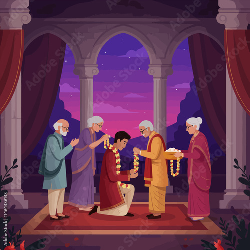 Groom Receiving Garland at Ceremony with Family and Arches