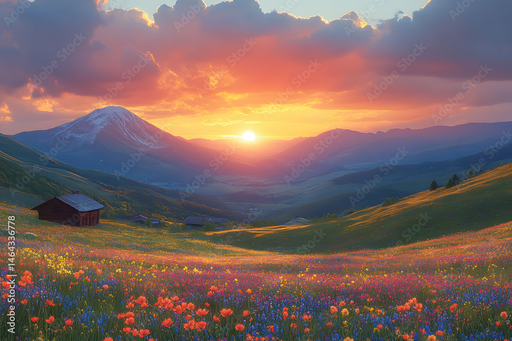Serene Sunset Over Mountain Valley with Vibrant Wildflowers for Nature Posters