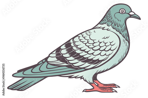 59 Detailed anatomical illustration of a pigeon, scientific bird drawing, iridescent feathers, soft blue and green plumage, intricate wing patterns, red feet, side profile, white background, nature gu