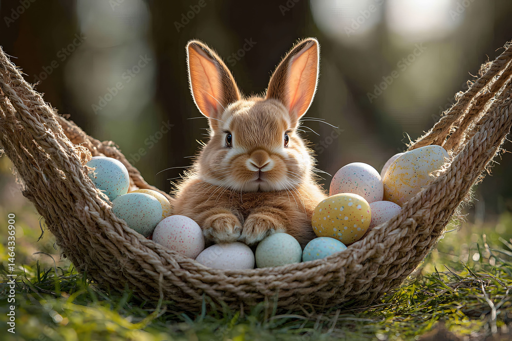 Easter Bunny in Hammock with Colorful Eggs - Springtime Festivity Inspiration