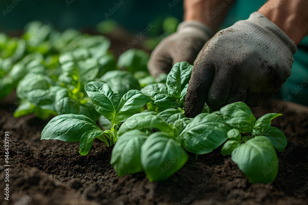 Sustainable Gardening with Fresh Basil Leaves in Rich Soil for Organic Farming