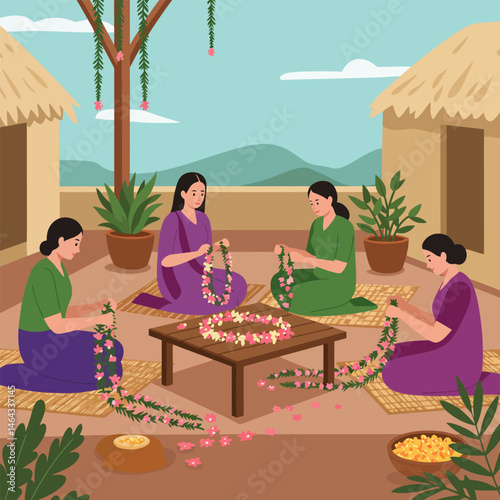 Women Creating Flower Garlands Together in Outdoor Setting at Daytime