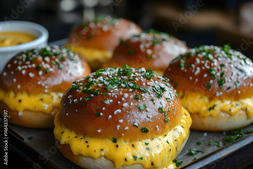 Obraz na płótnie Delicious Gourmet Cheeseburgers with Pretzel Buns and Herb Garnish for Culinary Delight w salonie